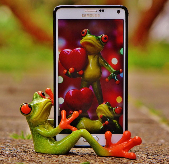 Kikkerfiguur met grote smartphone 