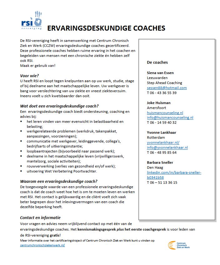 Activiteiten RSI-vereniging, voorkant flyer RSI-coaches